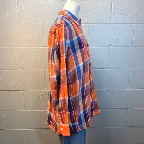 Lauren Ralph Lauren Plaid Linen Roll-Tab Sleeve Button Up Blouse Women's Large - Picture 4 of 9